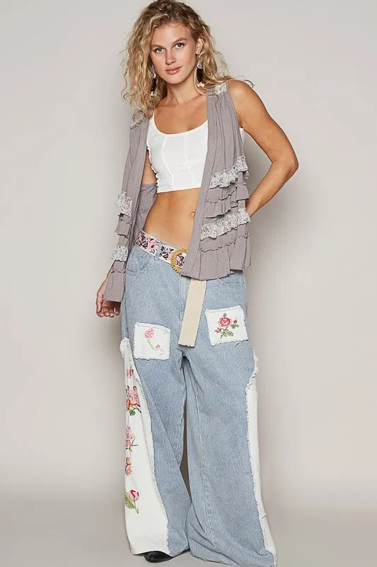 Grey Ruffled Open Front Sleeveless Cardigan