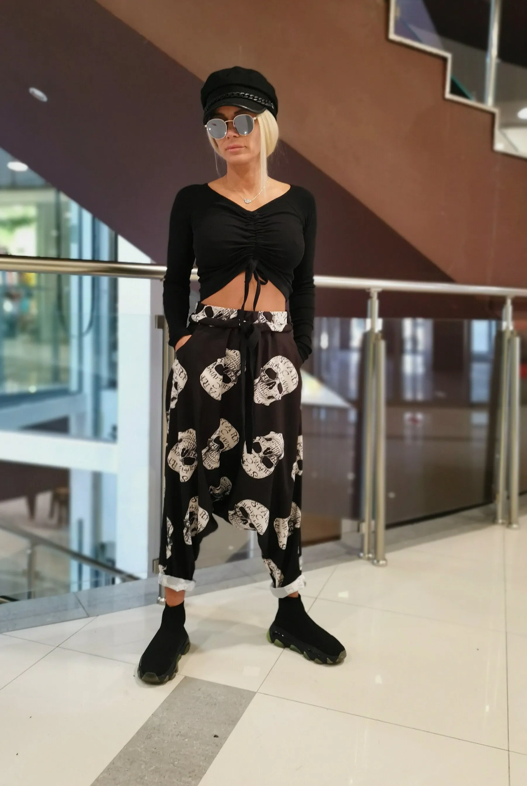 Harem Pants, Loose Drop Crotch Pants, Gipsy Pants, Summer Maxi Pants, Sculls print pants, Extravagant Harem Pants
