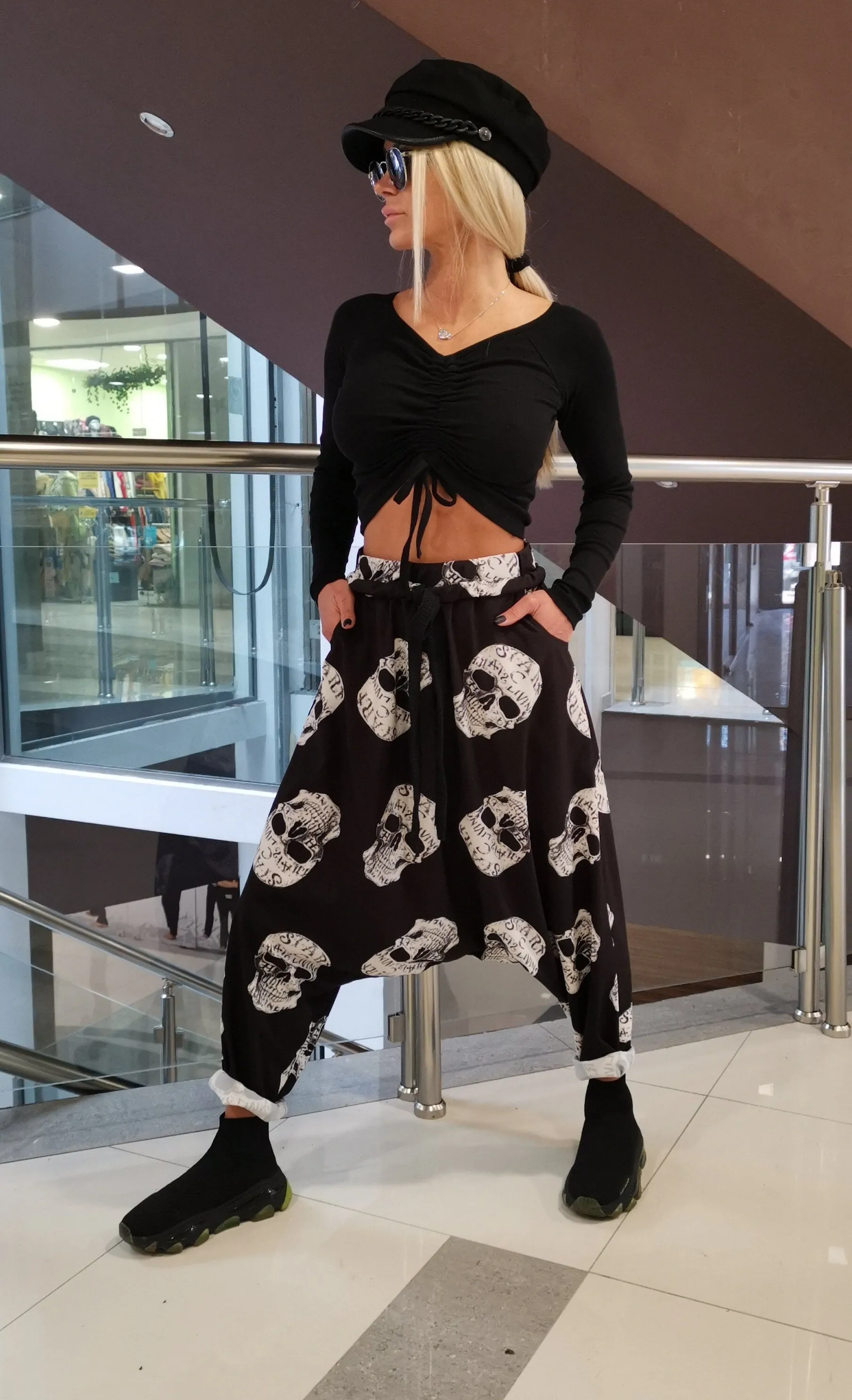 Harem Pants, Loose Drop Crotch Pants, Gipsy Pants, Summer Maxi Pants, Sculls print pants, Extravagant Harem Pants