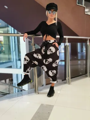 Harem Pants, Loose Drop Crotch Pants, Gipsy Pants, Summer Maxi Pants, Sculls print pants, Extravagant Harem Pants