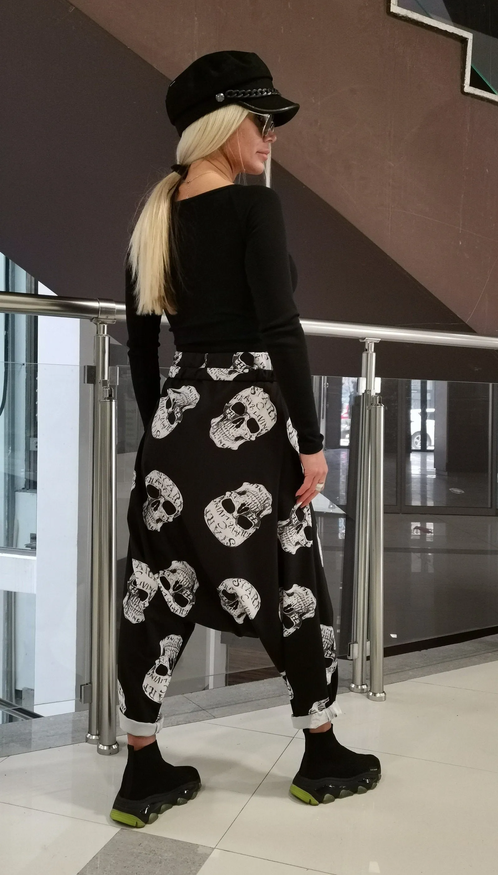 Harem Pants, Loose Drop Crotch Pants, Gipsy Pants, Summer Maxi Pants, Sculls print pants, Extravagant Harem Pants