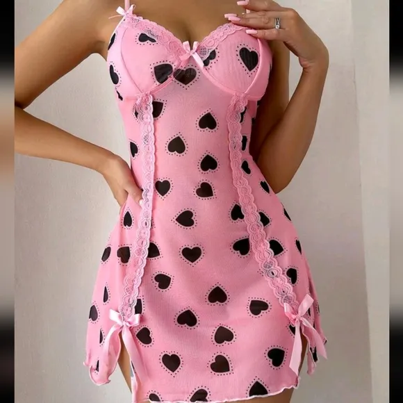Heart Print High Slit Bow Decor Women's Slip Dress