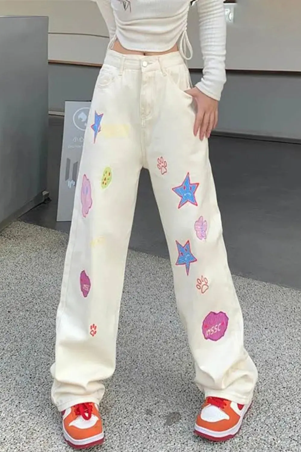 High Waist Cute Cartoon Pattern Long Jeans Pants