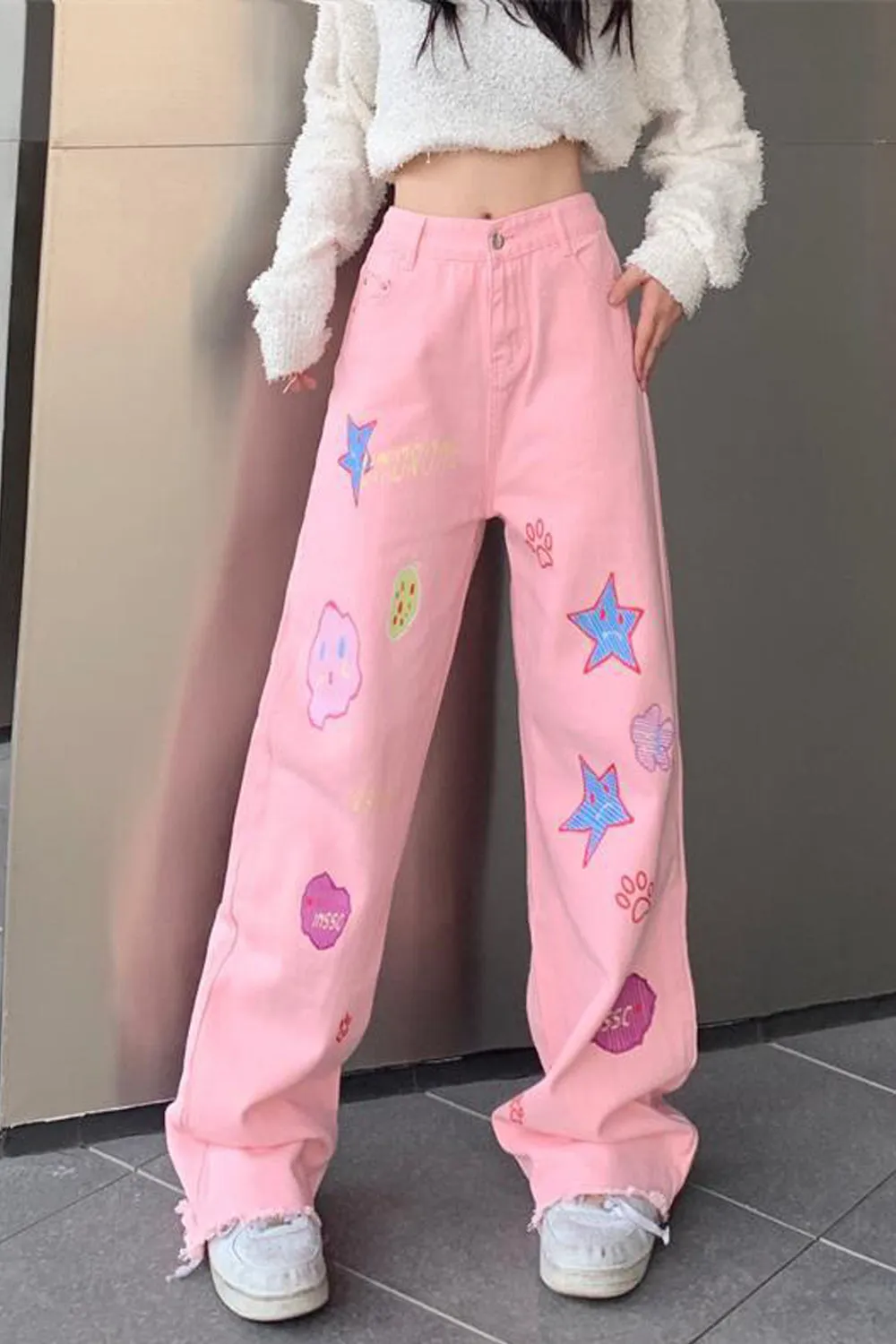 High Waist Cute Cartoon Pattern Long Jeans Pants