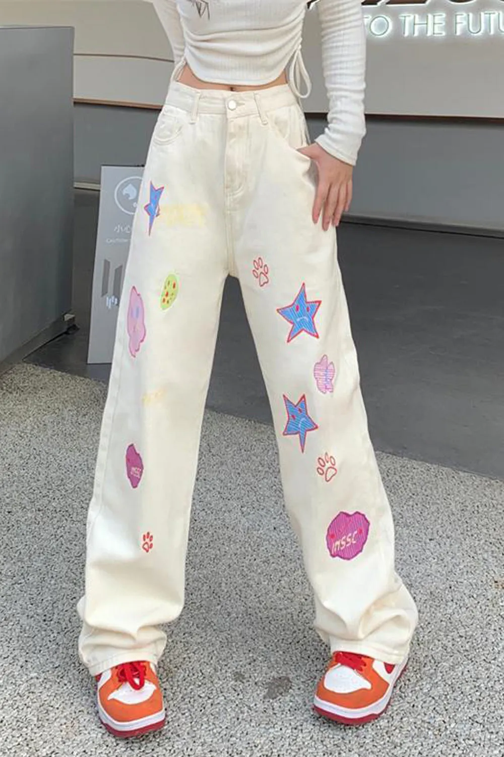 High Waist Cute Cartoon Pattern Long Jeans Pants