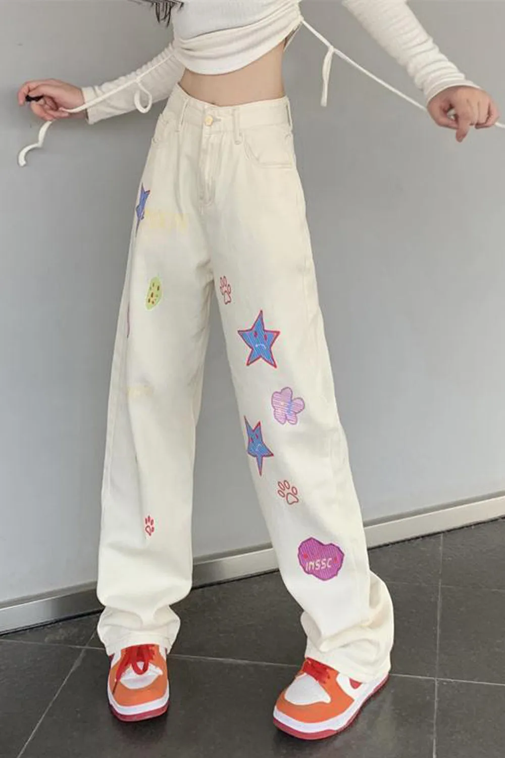 High Waist Cute Cartoon Pattern Long Jeans Pants