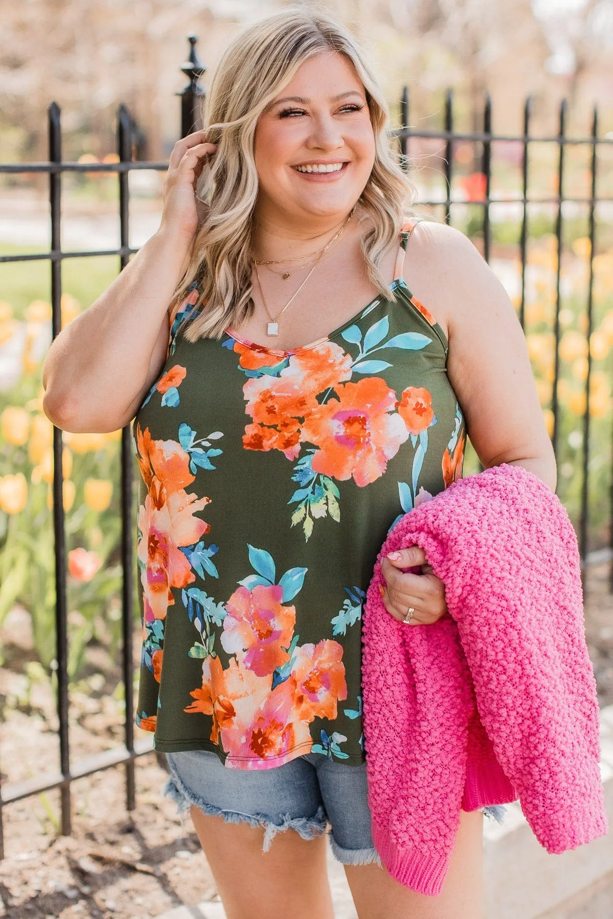 In A Perfect World Floral Tank Top- Dark Olive