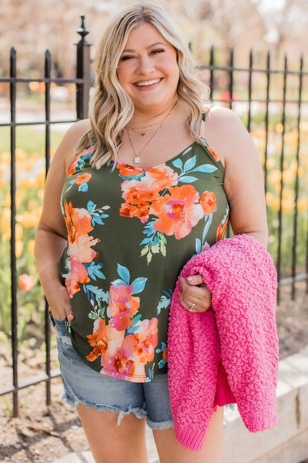 In A Perfect World Floral Tank Top- Dark Olive