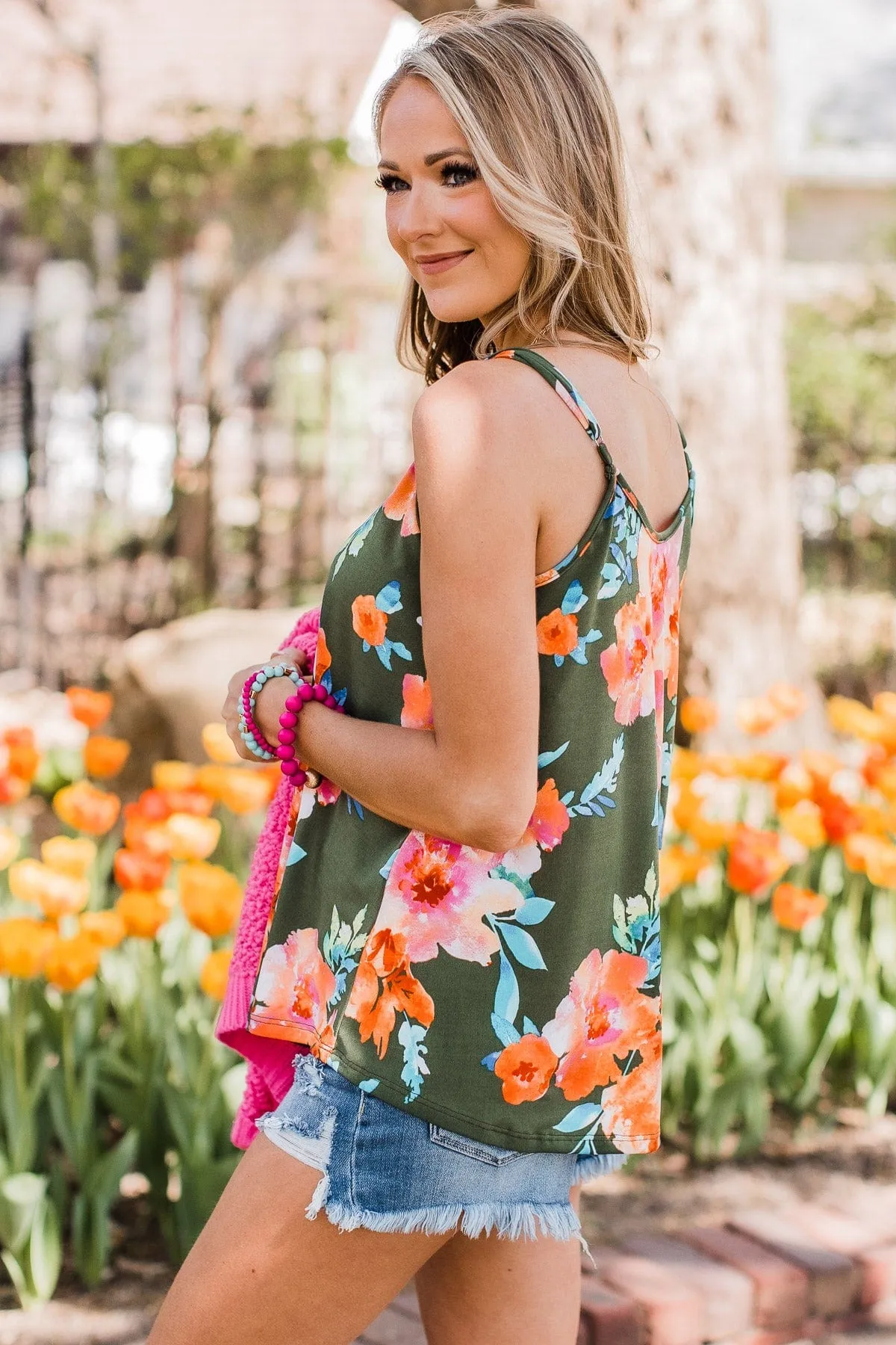 In A Perfect World Floral Tank Top- Dark Olive