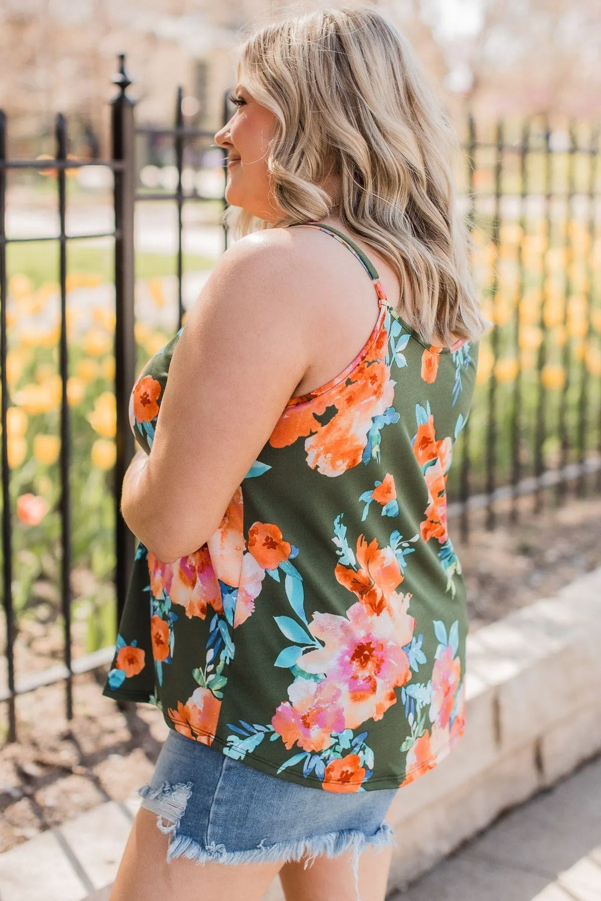 In A Perfect World Floral Tank Top- Dark Olive