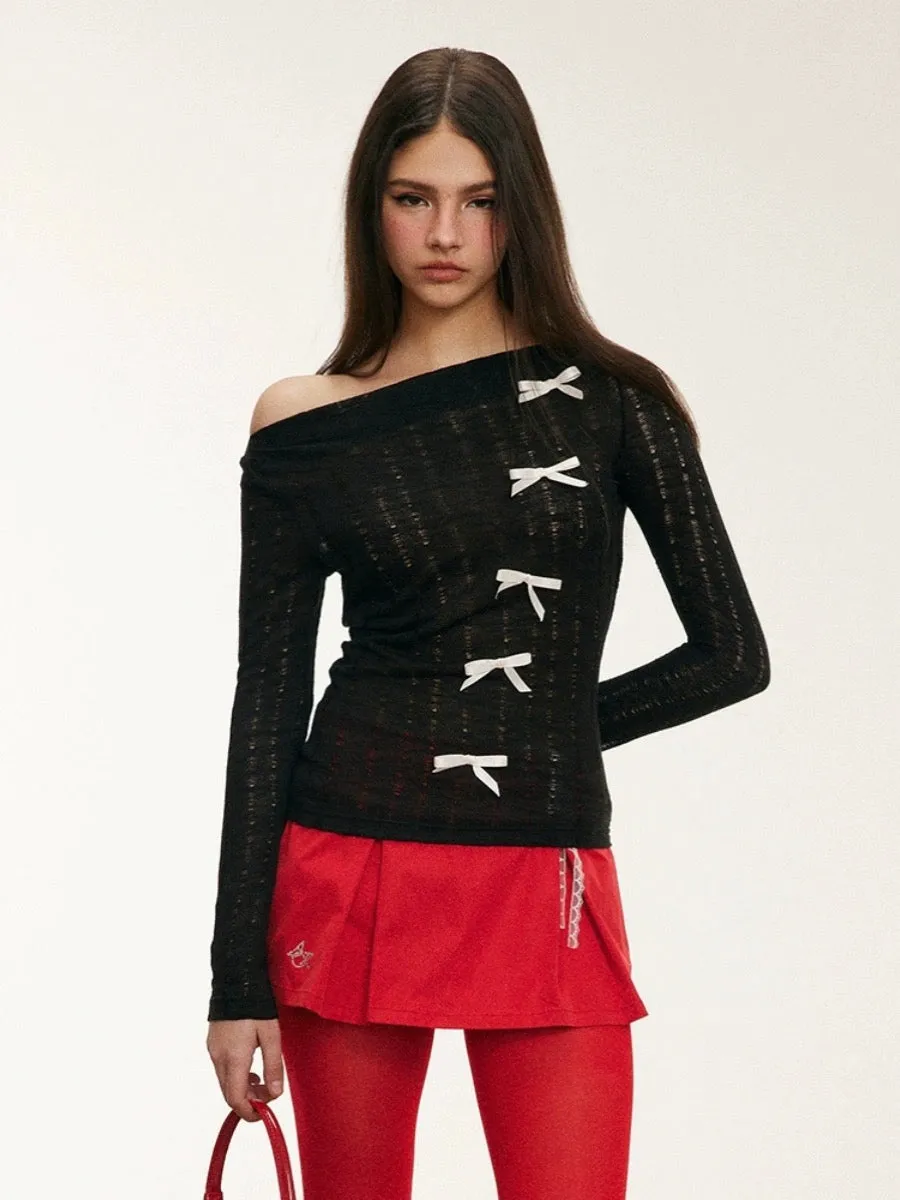 JazzHer 2025 New Chic Basic Thin Knitted Tops Casual Long Sleeve Bow Blouse Hot Girls Outwear Korean Fashion Clothing Woman Design