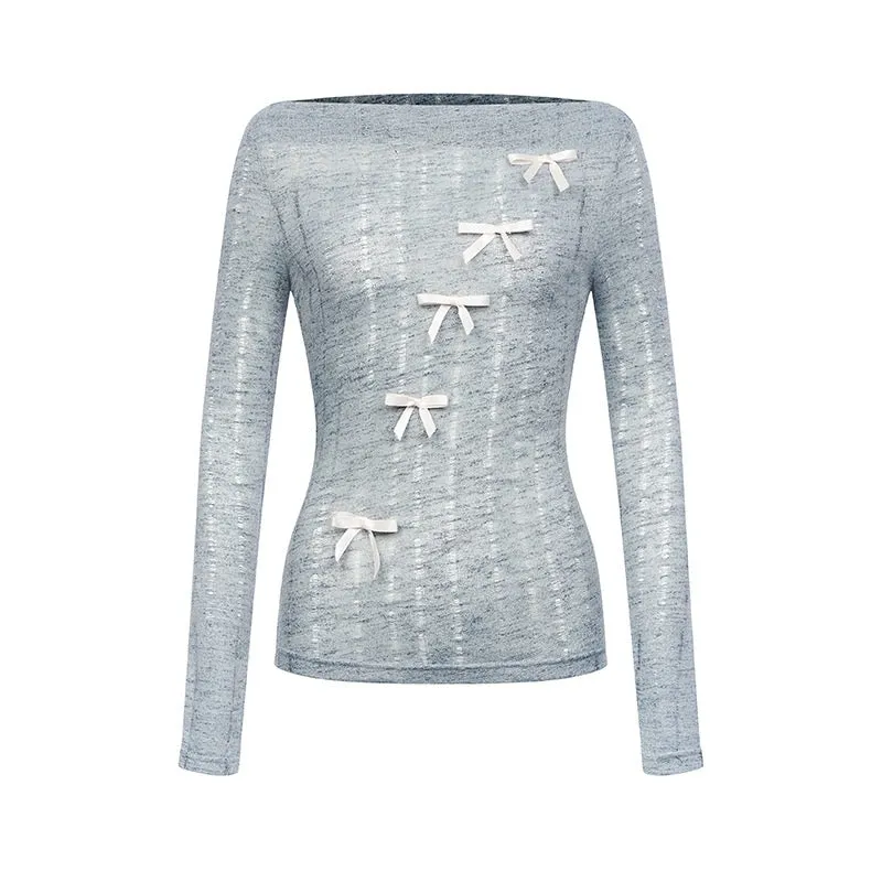 JazzHer 2025 New Chic Basic Thin Knitted Tops Casual Long Sleeve Bow Blouse Hot Girls Outwear Korean Fashion Clothing Woman Design