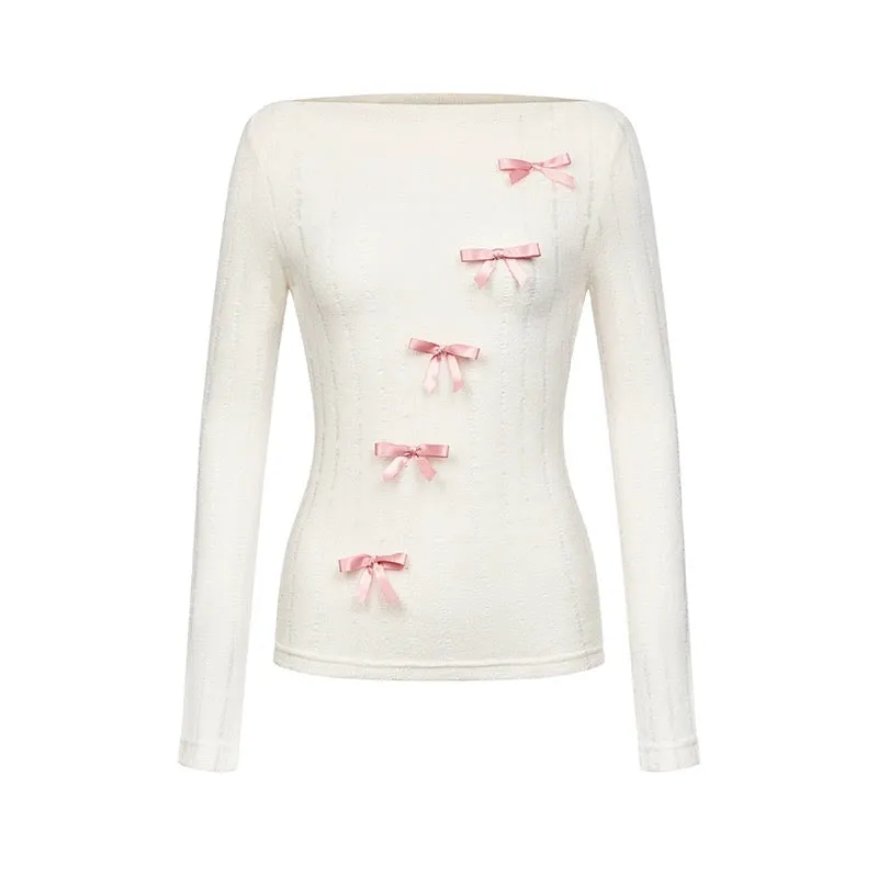 JazzHer 2025 New Chic Basic Thin Knitted Tops Casual Long Sleeve Bow Blouse Hot Girls Outwear Korean Fashion Clothing Woman Design