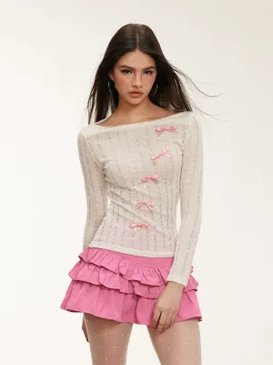 JazzHer 2025 New Chic Basic Thin Knitted Tops Casual Long Sleeve Bow Blouse Hot Girls Outwear Korean Fashion Clothing Woman Design
