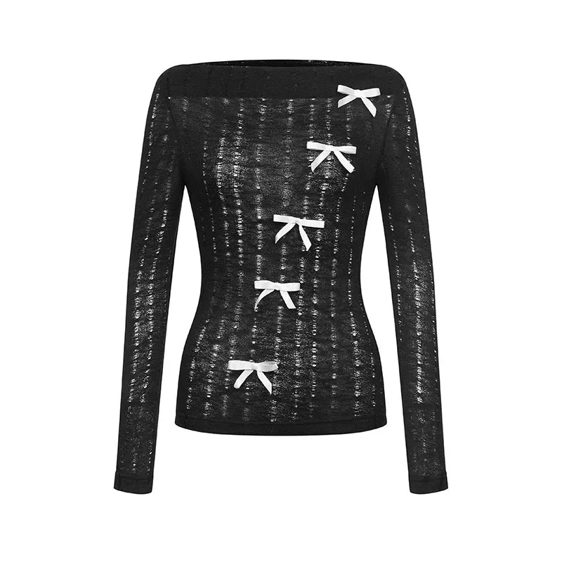 JazzHer 2025 New Chic Basic Thin Knitted Tops Casual Long Sleeve Bow Blouse Hot Girls Outwear Korean Fashion Clothing Woman Design