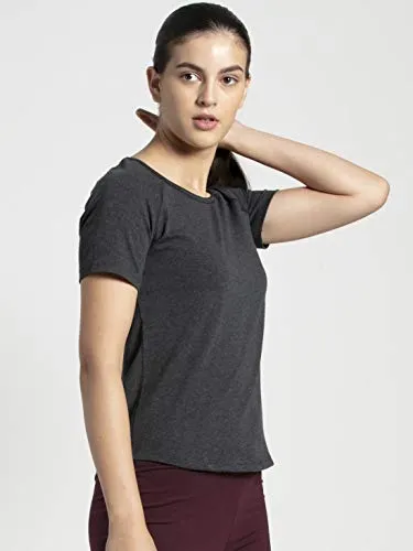Jockey Women's Plain Regular fit T-Shirt (AW27_Black Melange Large)