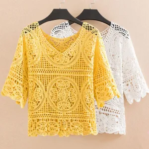 Knitted Cutout Crochet Small Shawl Blouse Women's Pullover Tops Sweet Cover-Ups with Sling Dresses Women's Cutout Tops