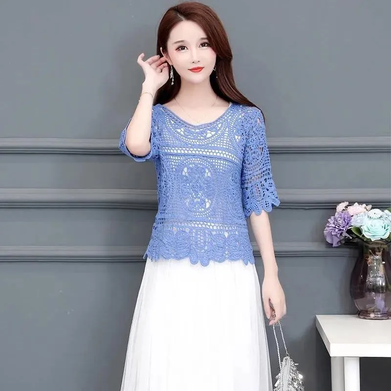 Knitted Cutout Crochet Small Shawl Blouse Women's Pullover Tops Sweet Cover-Ups with Sling Dresses Women's Cutout Tops