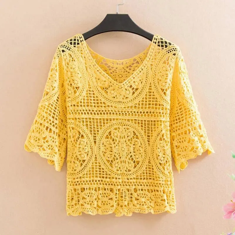 Knitted Cutout Crochet Small Shawl Blouse Women's Pullover Tops Sweet Cover-Ups with Sling Dresses Women's Cutout Tops