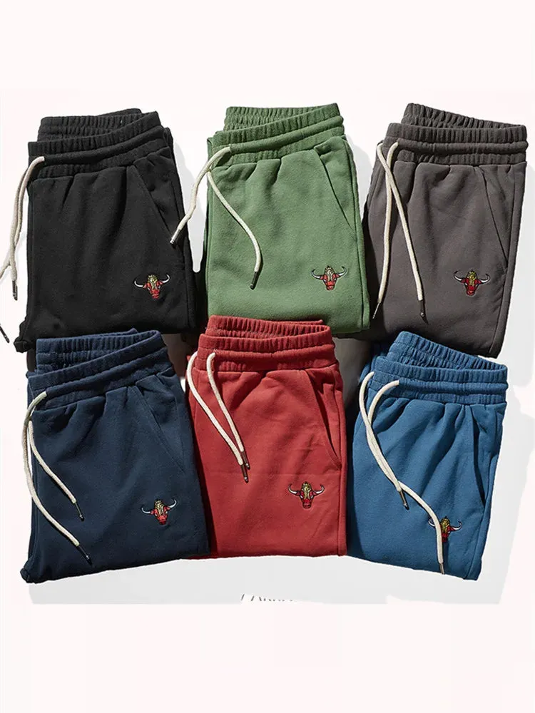 Knitted Velvet Embroidery Sweatpants - Men's Fashion Pure Cotton Loose Drawstring Sport Casual Pants