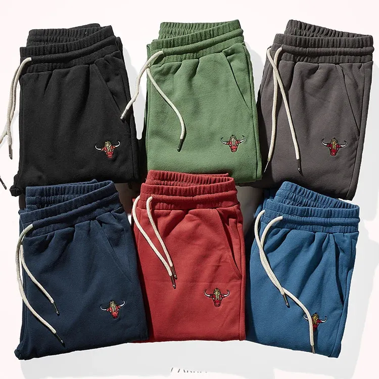 Knitted Velvet Embroidery Sweatpants - Men's Fashion Pure Cotton Loose Drawstring Sport Casual Pants