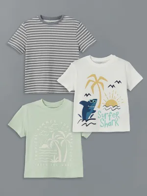 LCW Kids Ecru Crew Neck Printed Boys T-Shirt 3-Pack