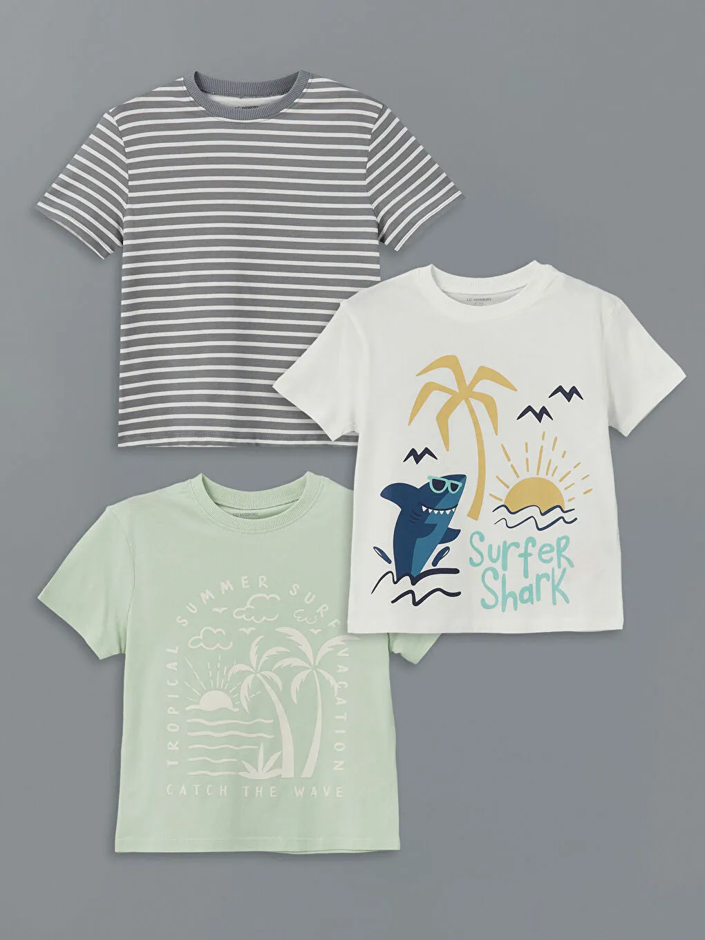 LCW Kids Ecru Crew Neck Printed Boys T-Shirt 3-Pack