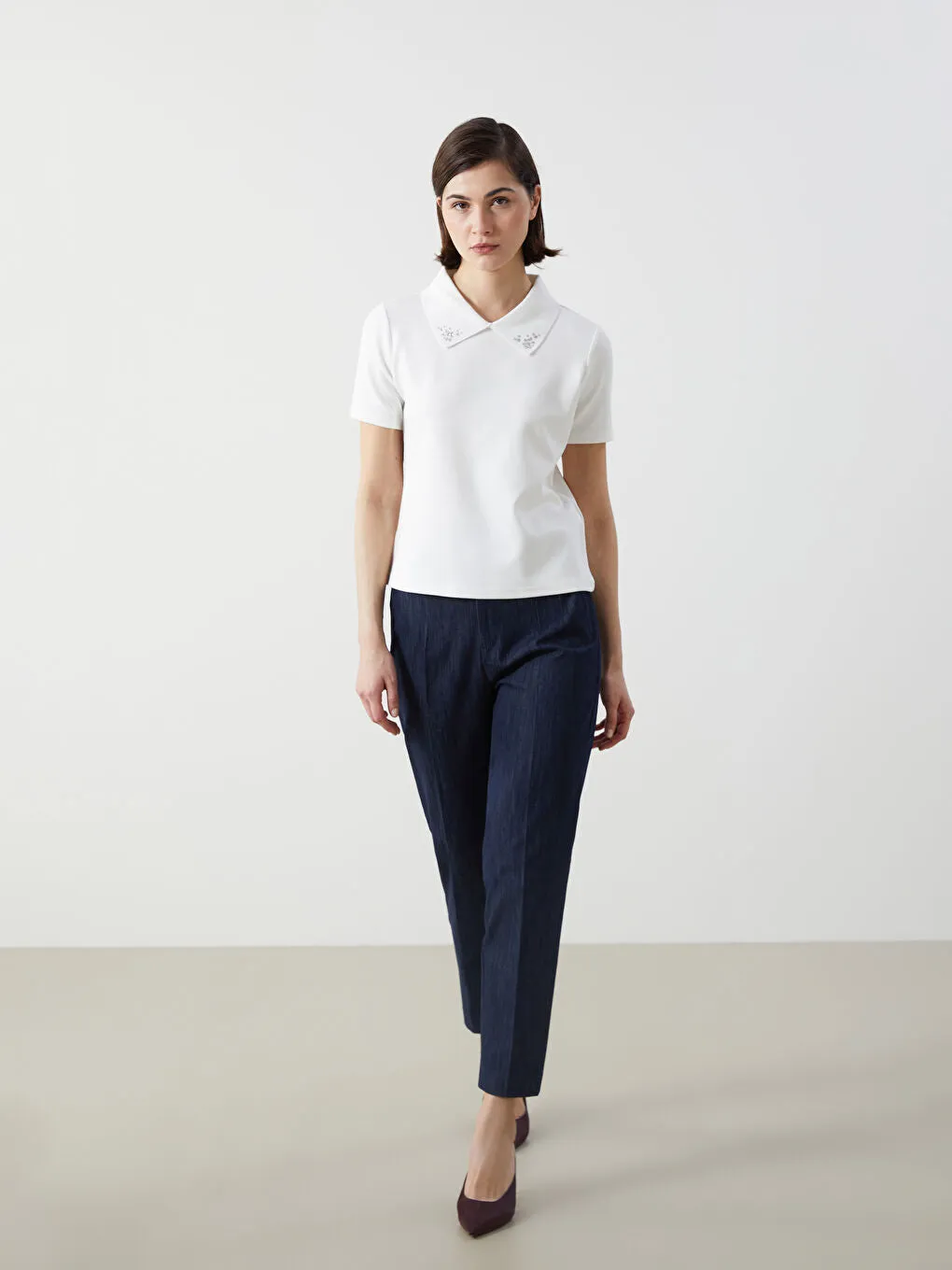 LCW Vision Ecru Polo Collar Stoned Women T-Shirt
