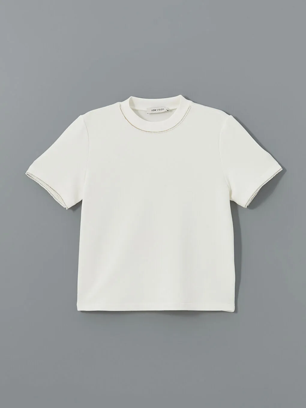 LCW Vision Ecru Stand Collar Stoned Women T-Shirt