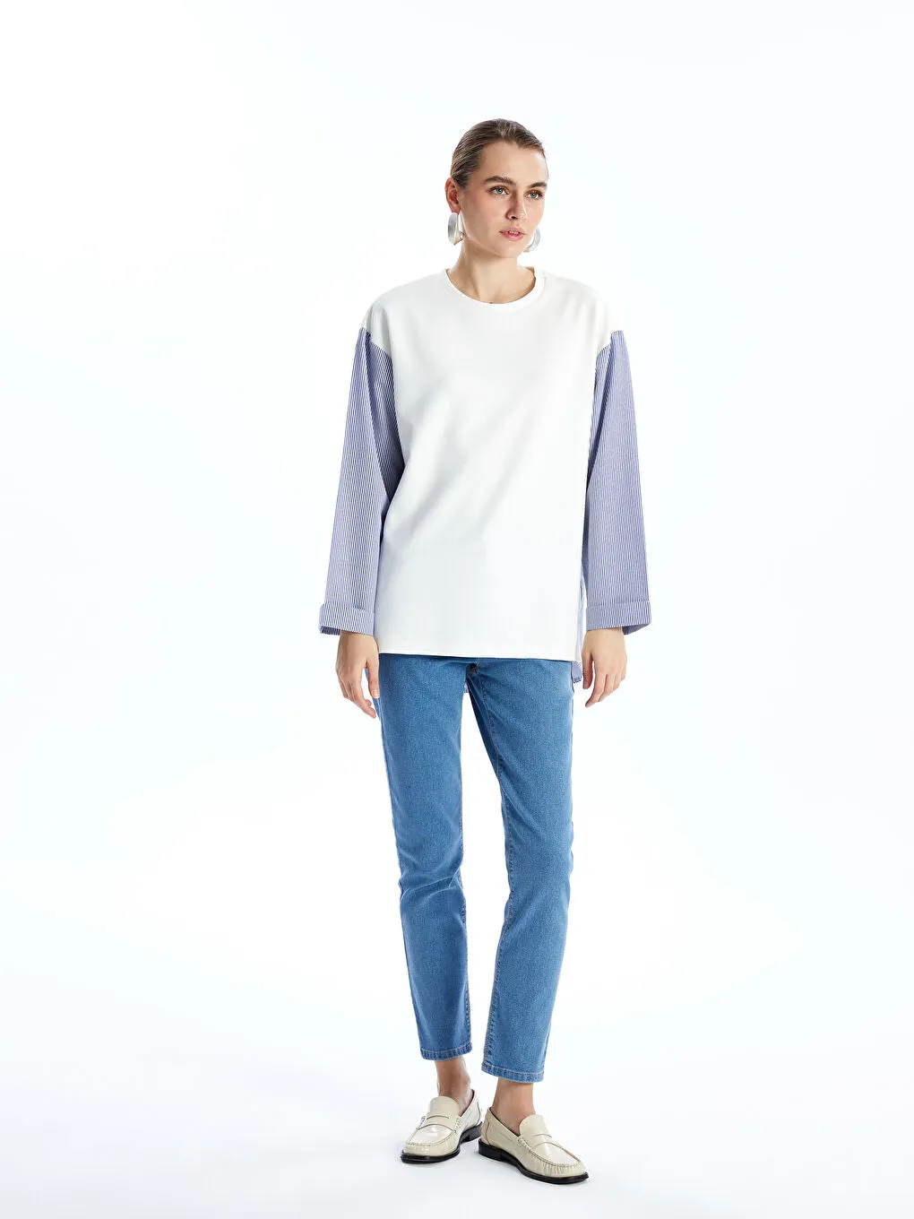 LCWAIKIKI Classic Ecru Crew Neck Striped Women Sweatshirt
