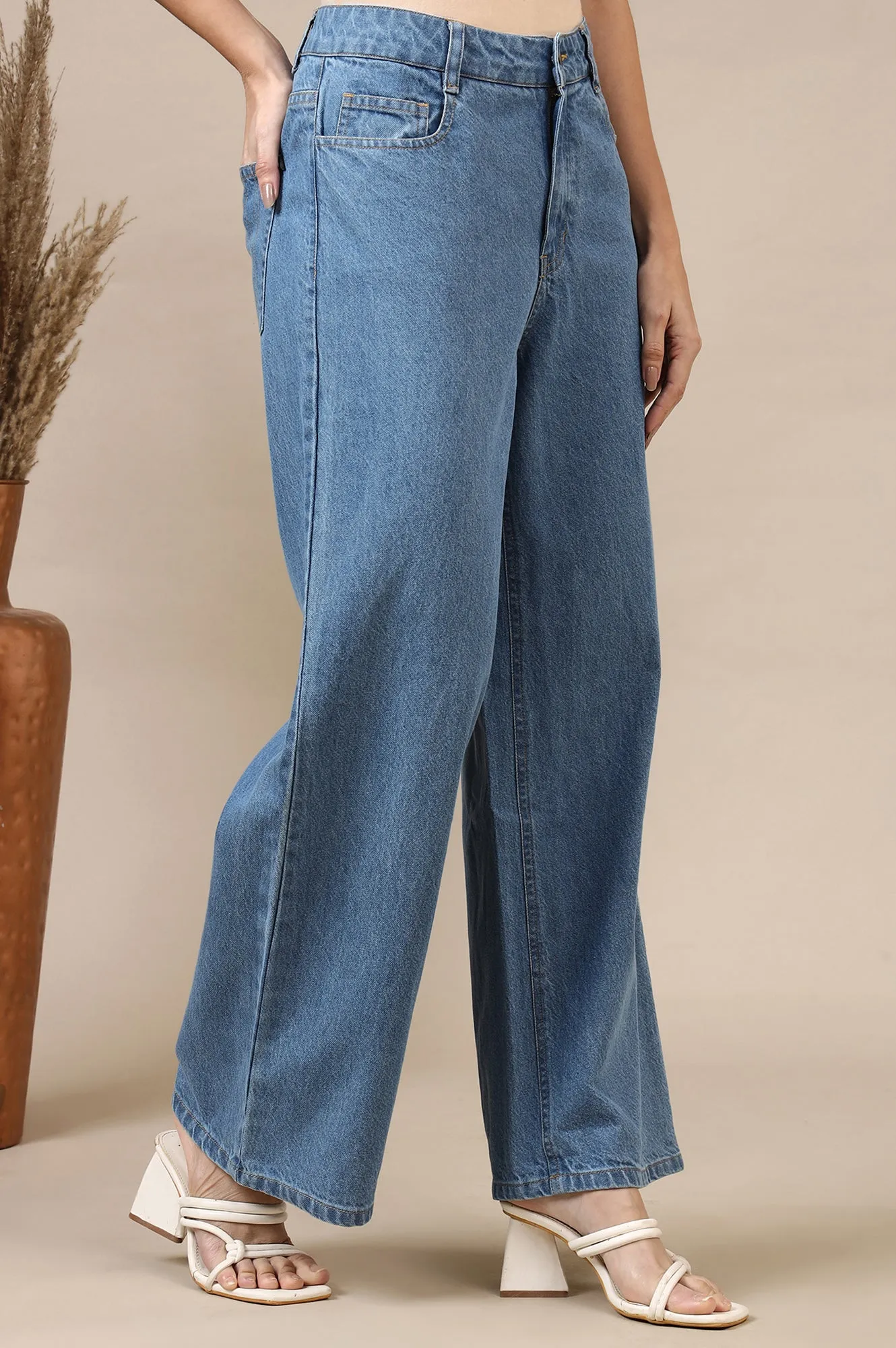 Light Blue Cotton Denim Flared Pants