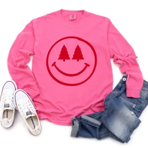 Long Sleeve Comfort Colors Christmas Shirt- Red Tree Smiley - Youth and Adult Sizes