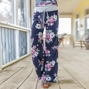 Loose Fitting Tie Waist Elastic Floral Pants
