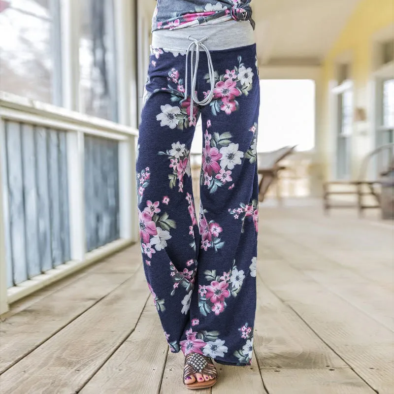 Loose Fitting Tie Waist Elastic Floral Pants