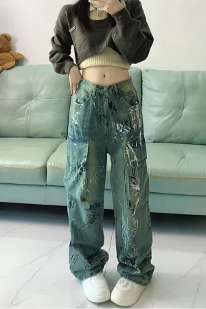 Loose Graffiti Pattern Cargo Pockets Jeans Pants