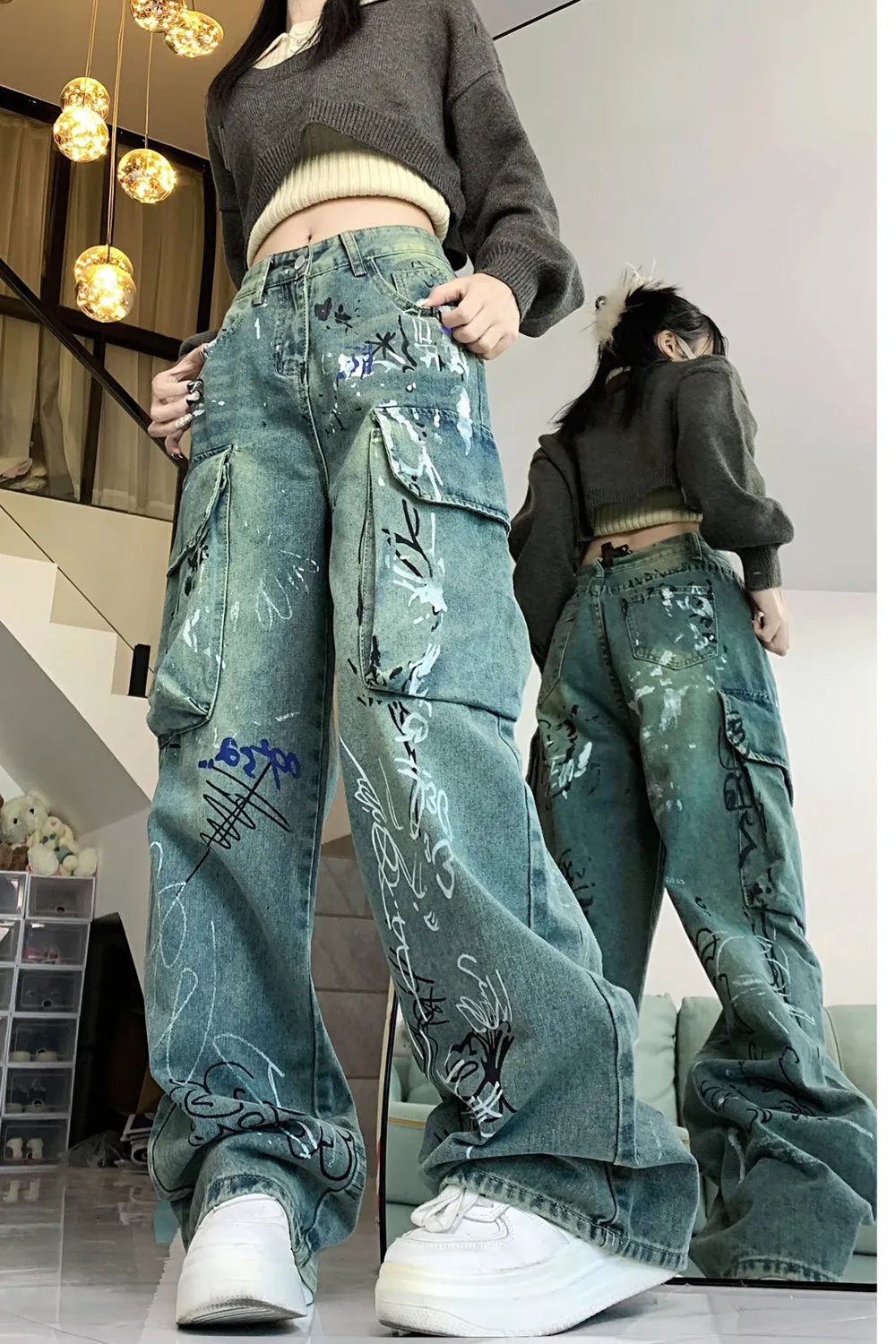 Loose Graffiti Pattern Cargo Pockets Jeans Pants