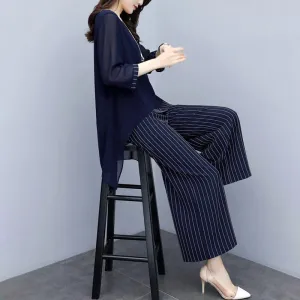Loose Large Size Suit Covering Belly Slimming Two-piece Round Neck Shirt Loose Casual Wide-leg Pants Women Loose Slimming Chiffon Suit