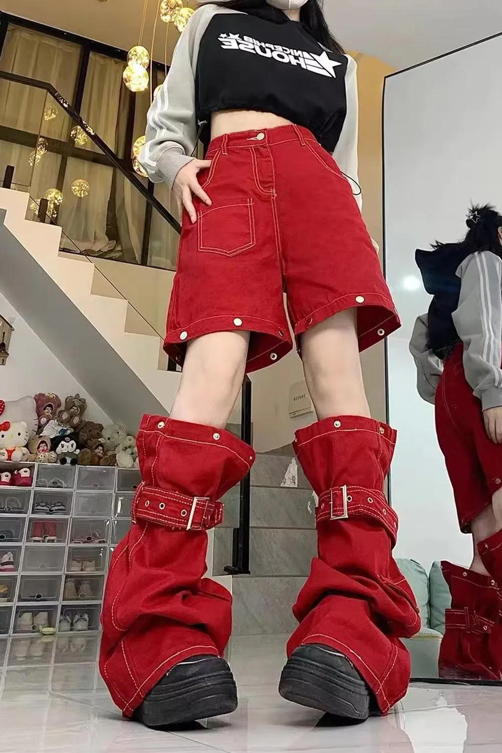 Loose Wide Leg Red Detachable Cargo Pants