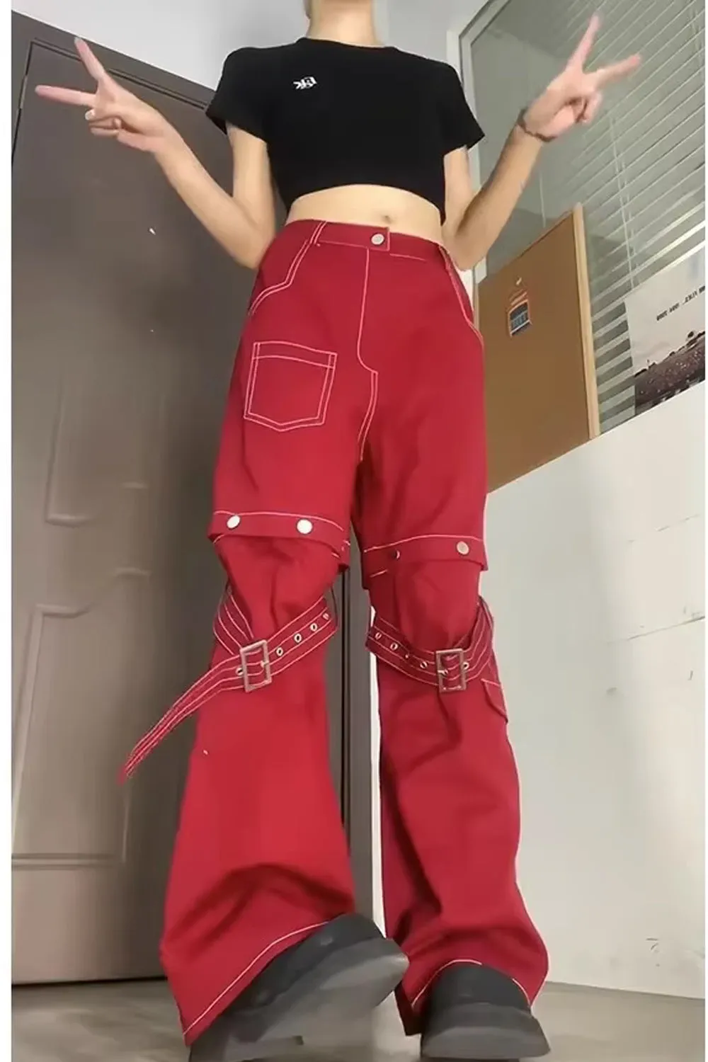 Loose Wide Leg Red Detachable Cargo Pants