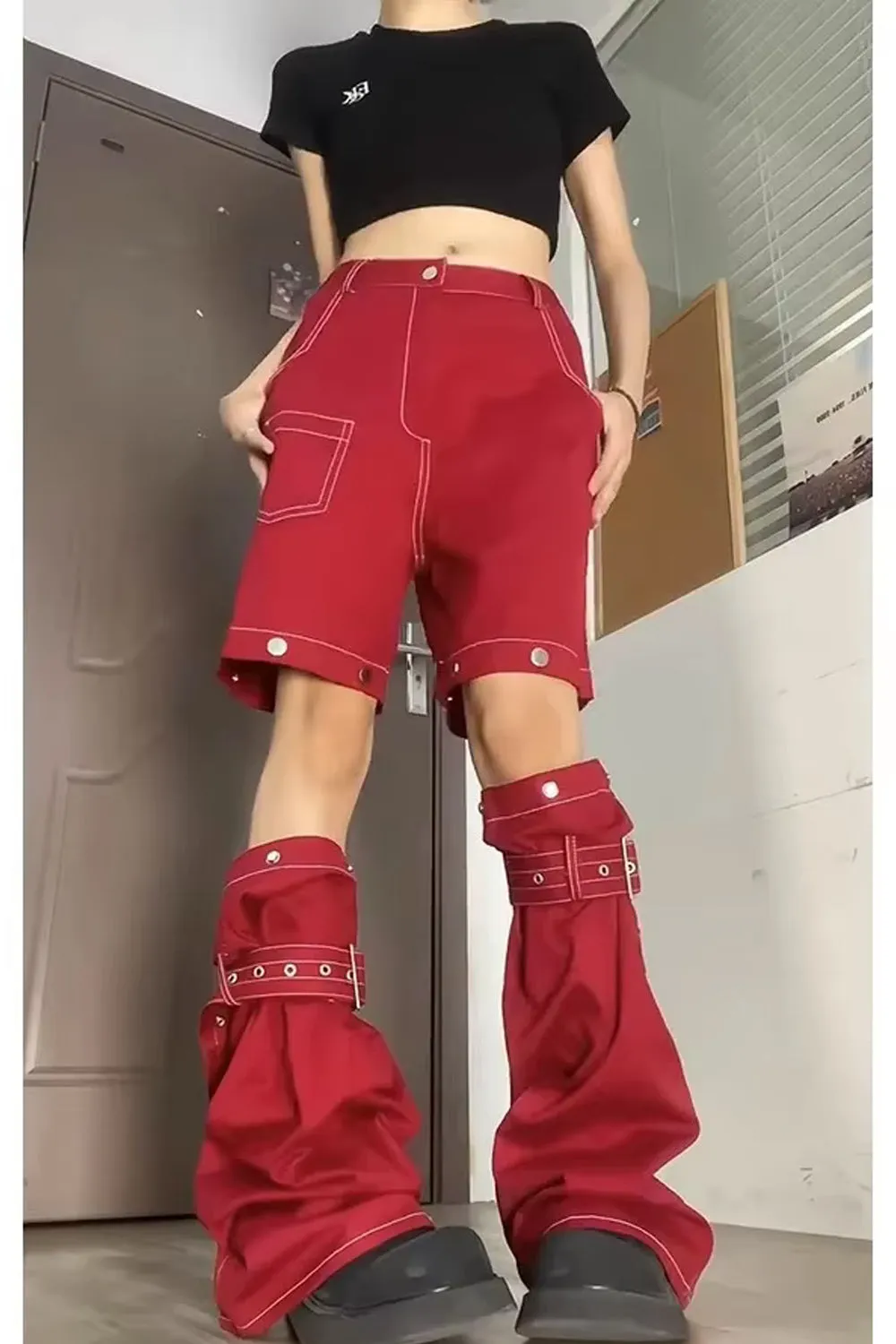 Loose Wide Leg Red Detachable Cargo Pants