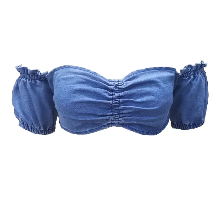 Lyric Denim Off-Shoulder Ruched Crop Top