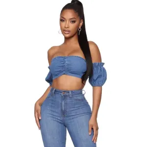 Lyric Denim Off-Shoulder Ruched Crop Top
