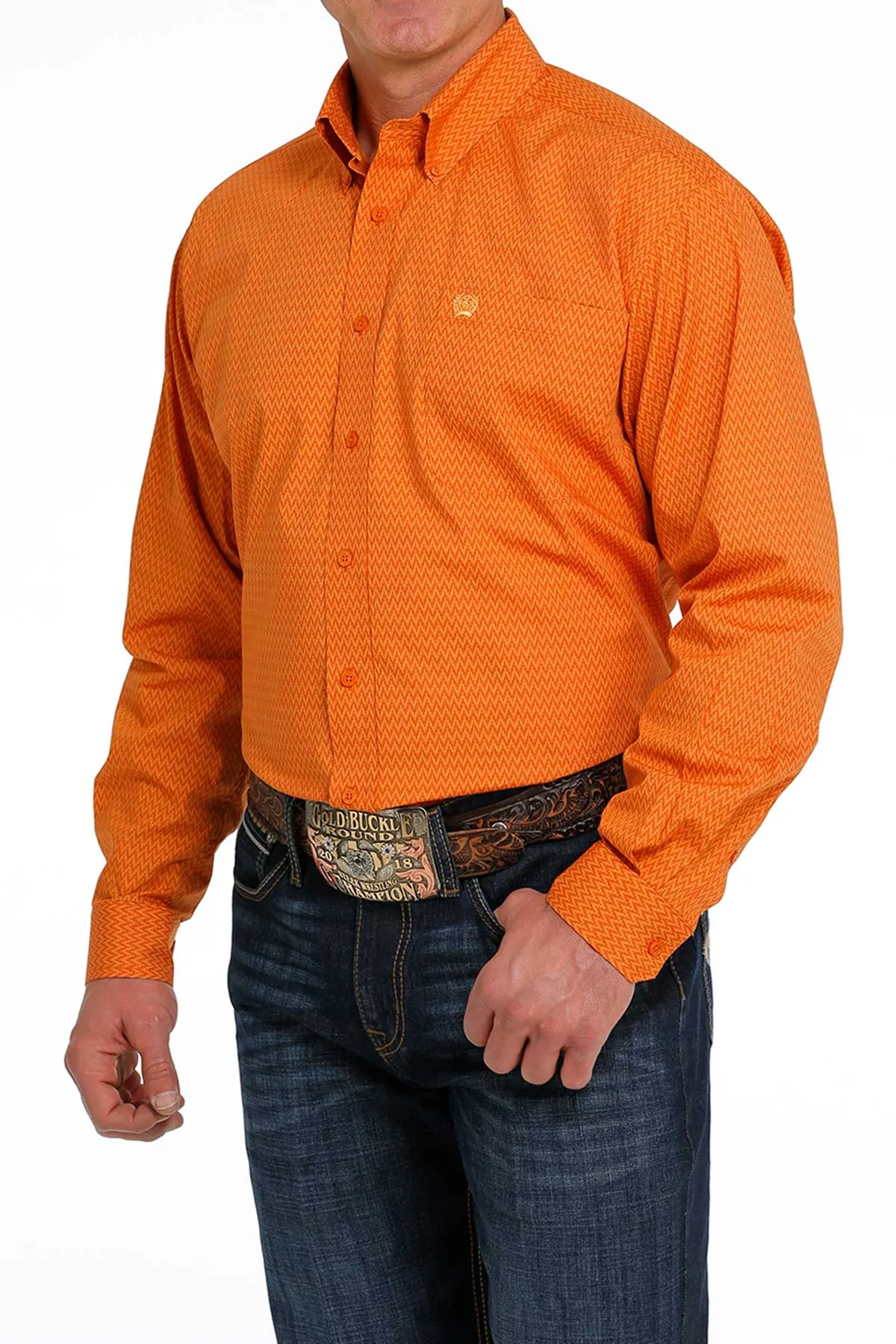 MENS ORANGE PRINT CINCH LONG SLEEVE SHIRT