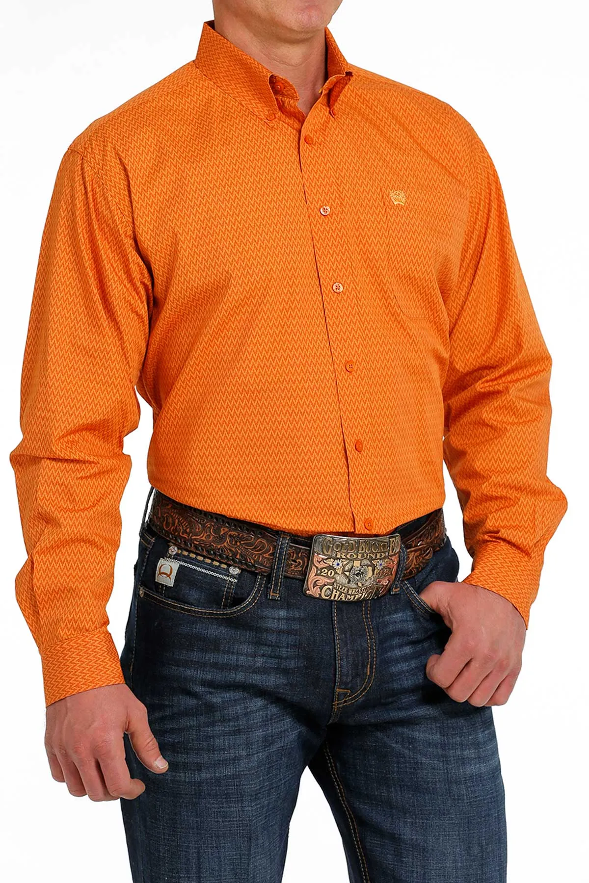 MENS ORANGE PRINT CINCH LONG SLEEVE SHIRT