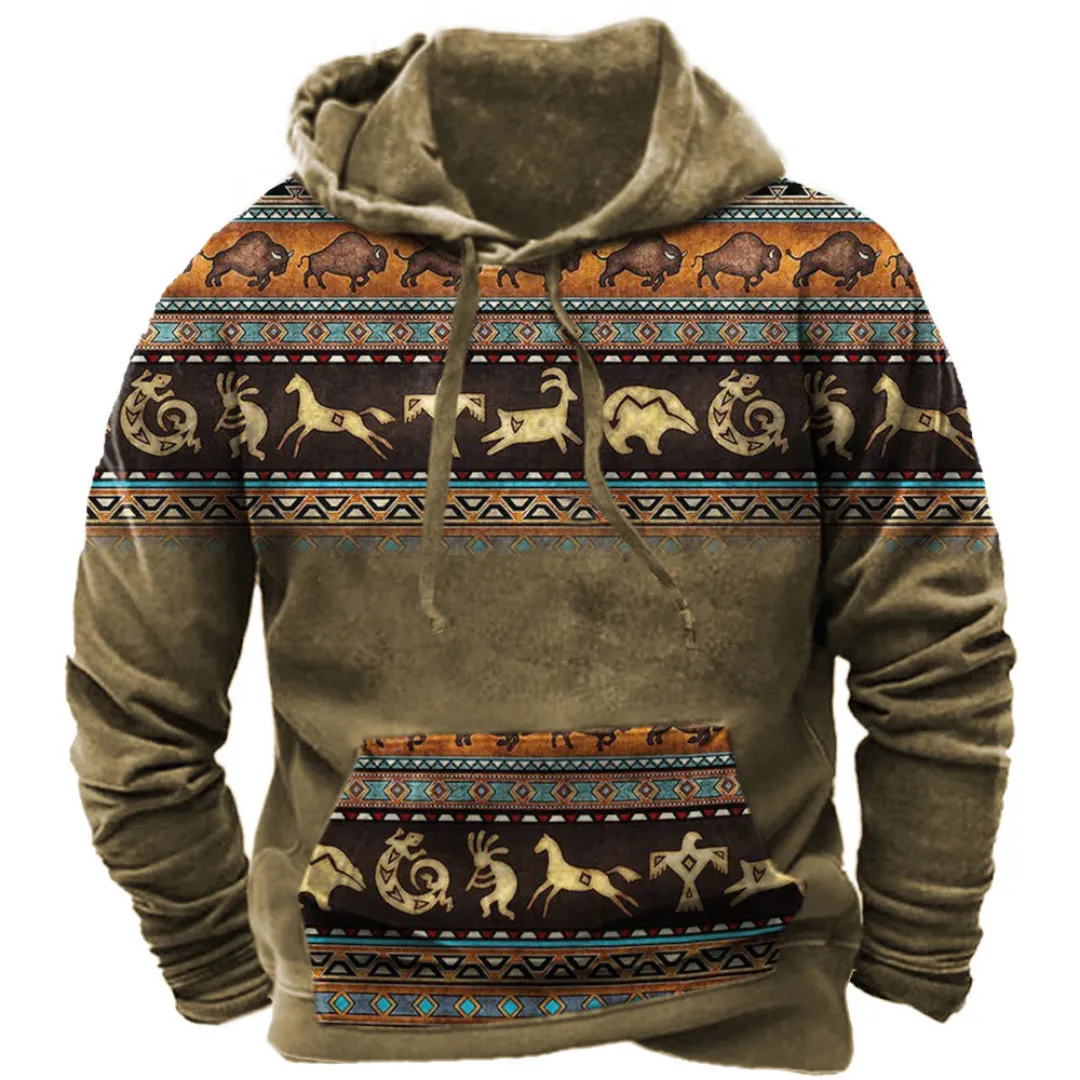 Men's Retro Vintage Printed Hoodie | Warm