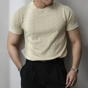 MEN'S SOLID COLOR KNIT CABLE ROUND NECK SHORT SLEEVE T-SHIRT
