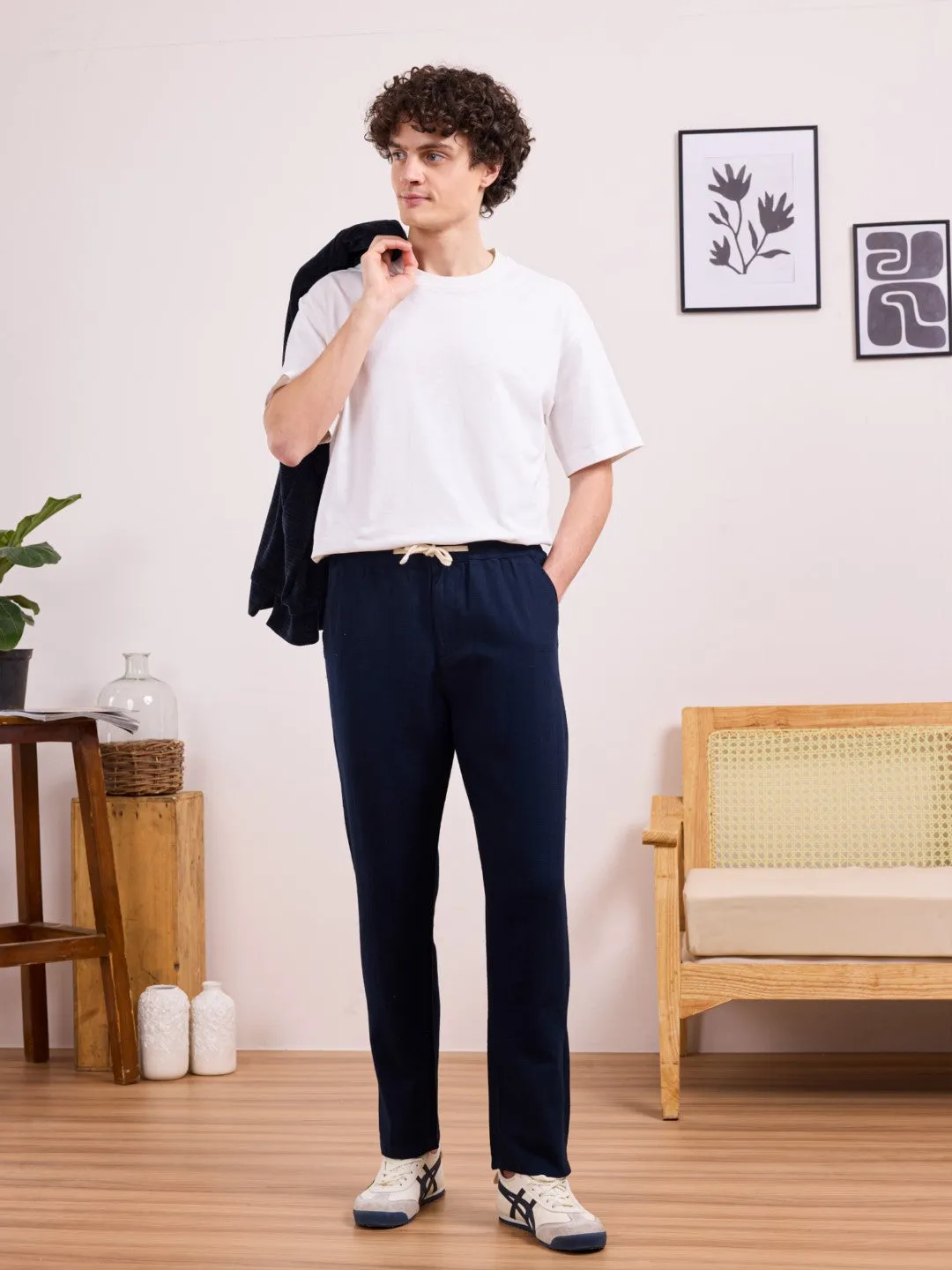 Navy Blue Plain Relaxed Fit Pants