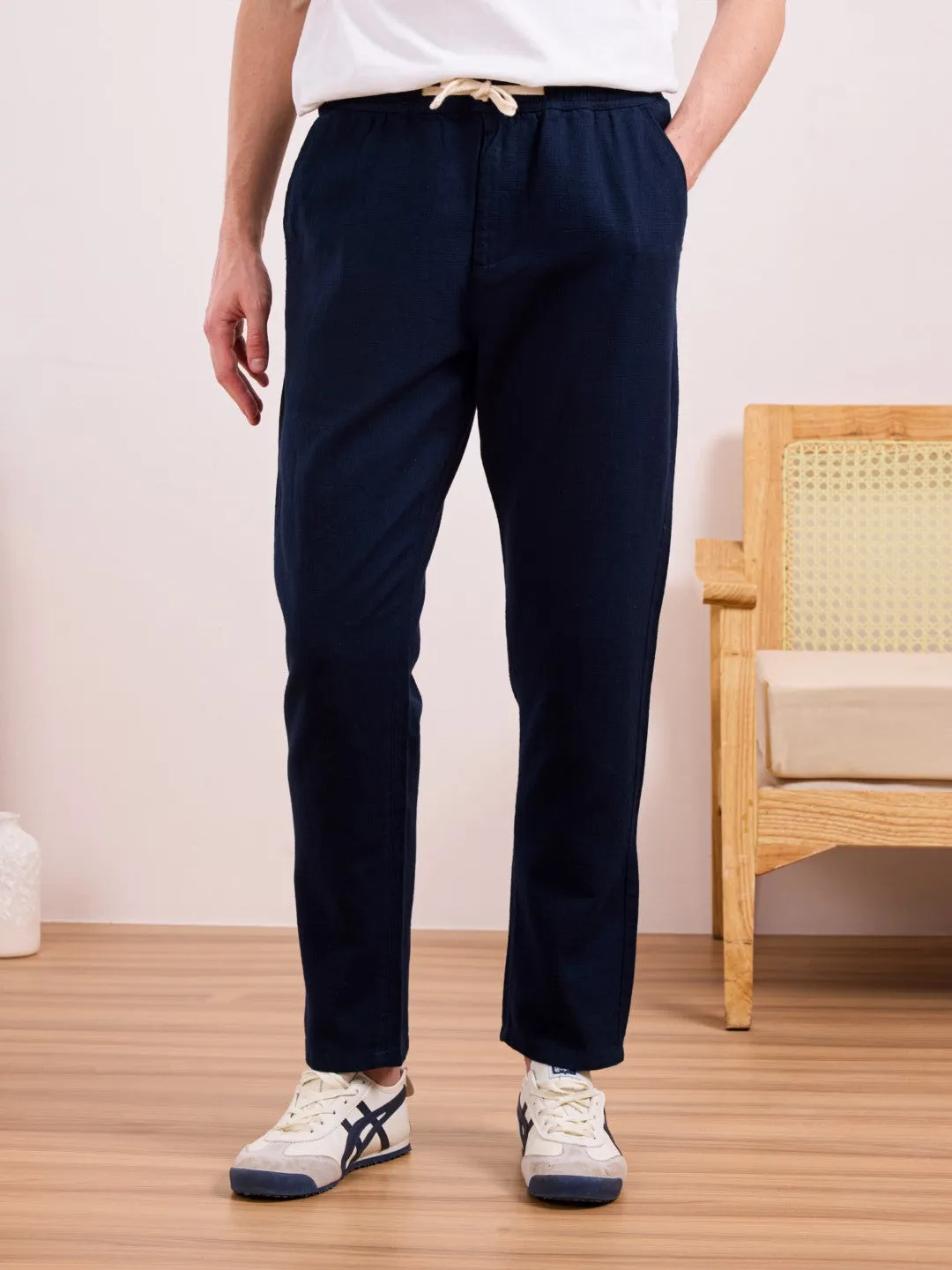 Navy Blue Plain Relaxed Fit Pants