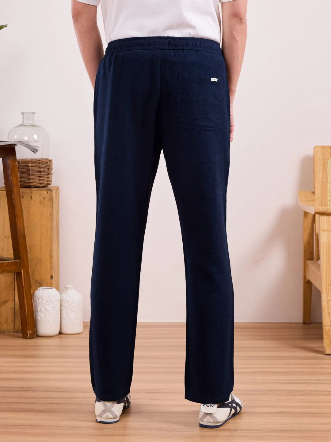 Navy Blue Plain Relaxed Fit Pants