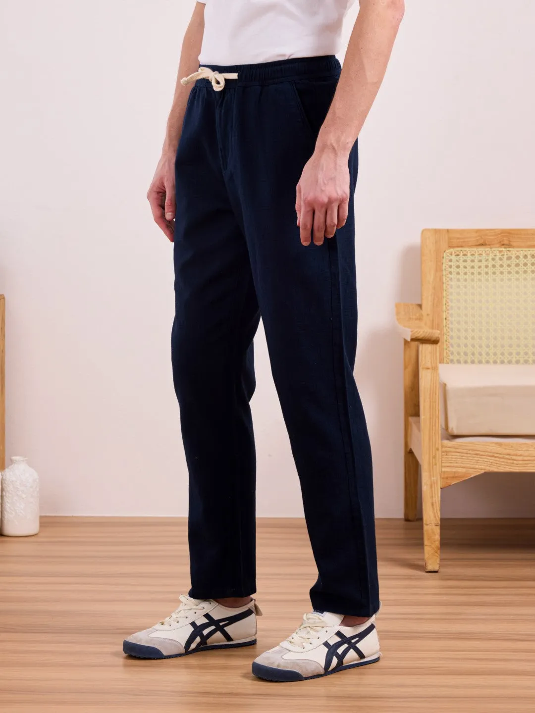 Navy Blue Plain Relaxed Fit Pants